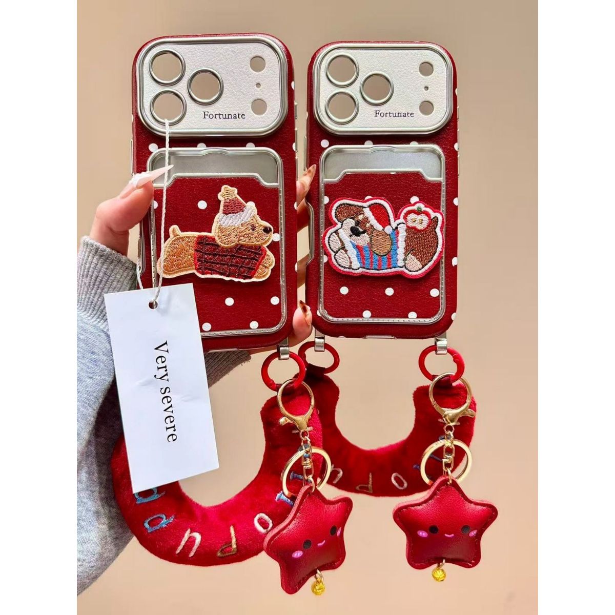 波点刺绣狗狗卡包挂件腕带