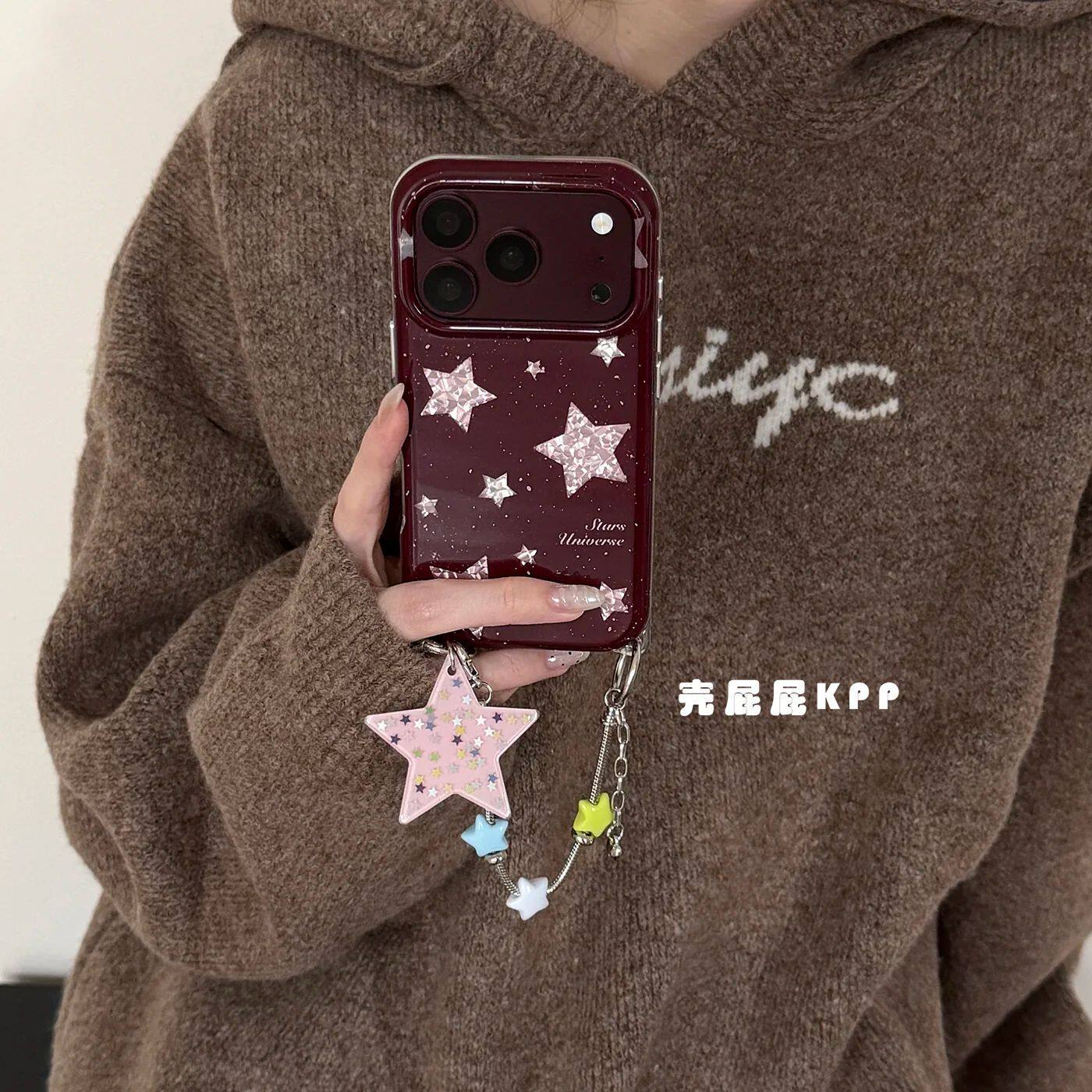 复古红亮片星星适用苹果18promax手机壳18pro全包17pro防摔16/15