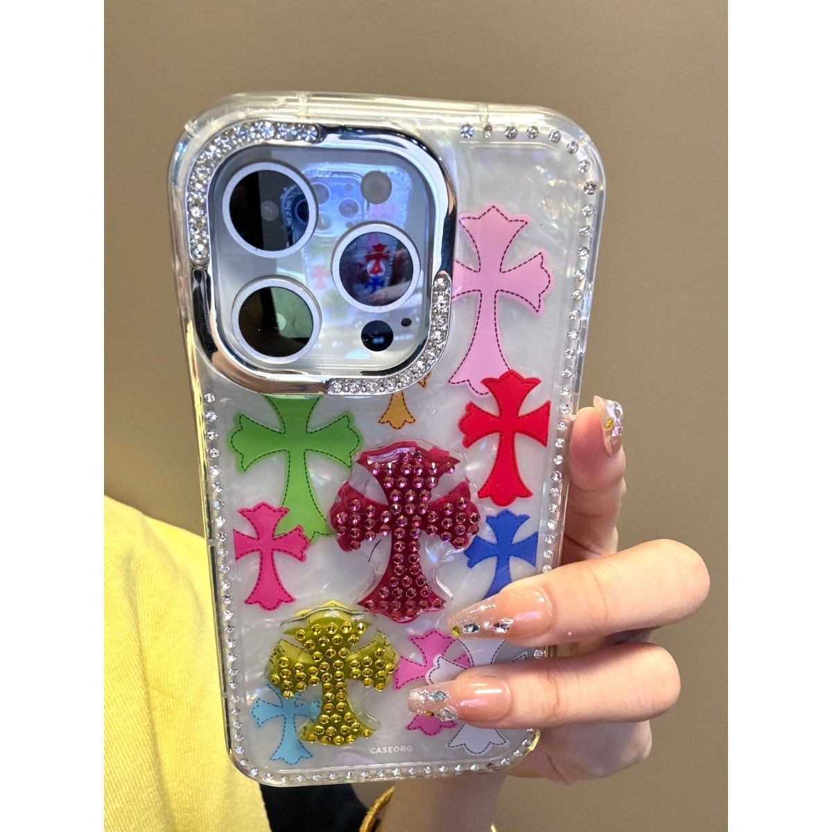 半塘壳野ins小众镶钻边贝壳纹彩十字架15适用16pro苹果16ProMax手机壳iPhone16全包14新款14Pro