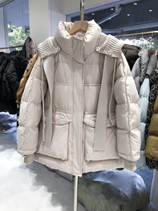 欧货羽绒服女2024冬季新款针织帽宽松收腰90白鸭绒加厚外套中长款