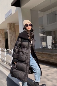 羽绒服女2023冬新款90白鸭绒宽松韩版撞色大翻领过膝中长款外套女