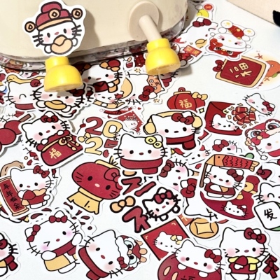 150张卡通可爱风Hello Kitty贴纸新年kt猫套装春节红色装饰不留胶