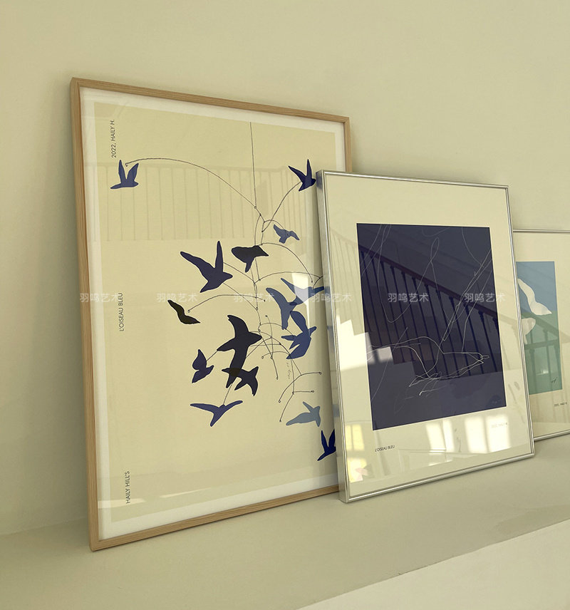 蔚蓝大海与海鸥 清新简约艺术画芯韩国ins奶油风原木风海报装饰画