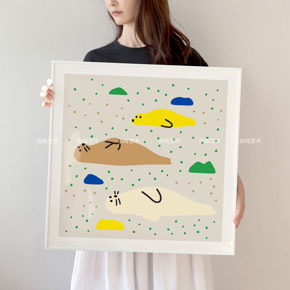 韩国ins卡通海豹装饰画心 儿童房可爱艺术海报 斗柜房间床头摆画