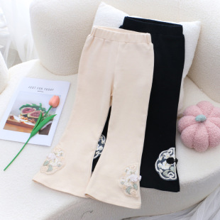 儿童小喇叭裤秋款黑色女童长裤时髦中国风古风小孩纯棉裤子时装裤