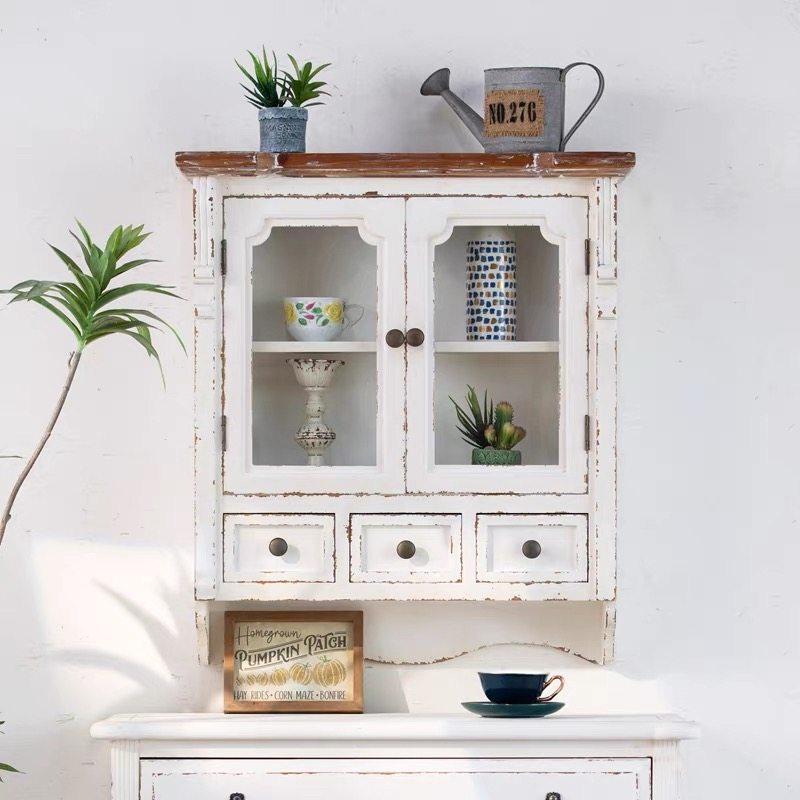 法式乡村实木复古做旧双门壁挂收纳储物柜花园庭院摆件置物装饰架