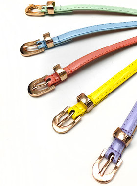 1.0cm仿皮女士装饰细腰带橘绿色时尚小针扣女腰带百搭皮带糖果色