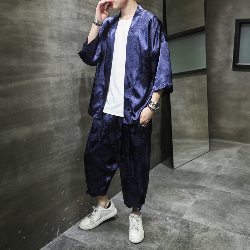 风古装夏季新款冰丝防晒开衫印花绣花暗纹休闲套装TZ8801-P80，男装休闲套装，四季星座220-1