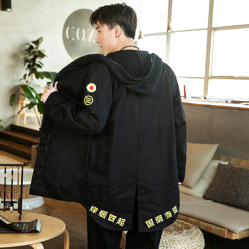 风刺绣宽松大码潮连帽风衣男士中长款开衫外套F100-P80,男装风衣,四季星座220-1