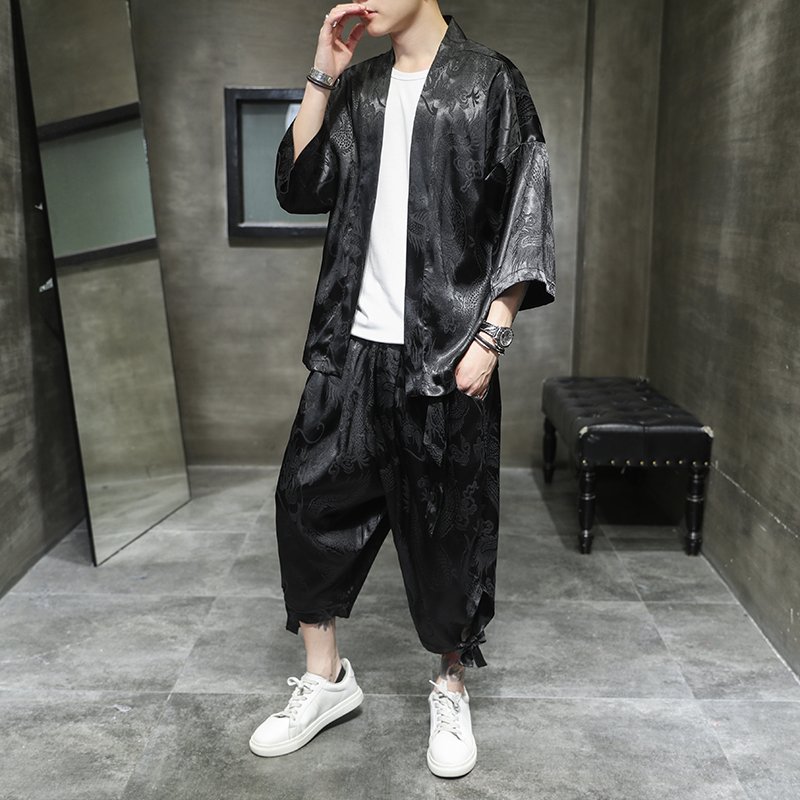 风古装夏季新款冰丝防晒开衫印花绣花暗纹休闲套装TZ8801-P80，男装休闲套装，四季星座220-1