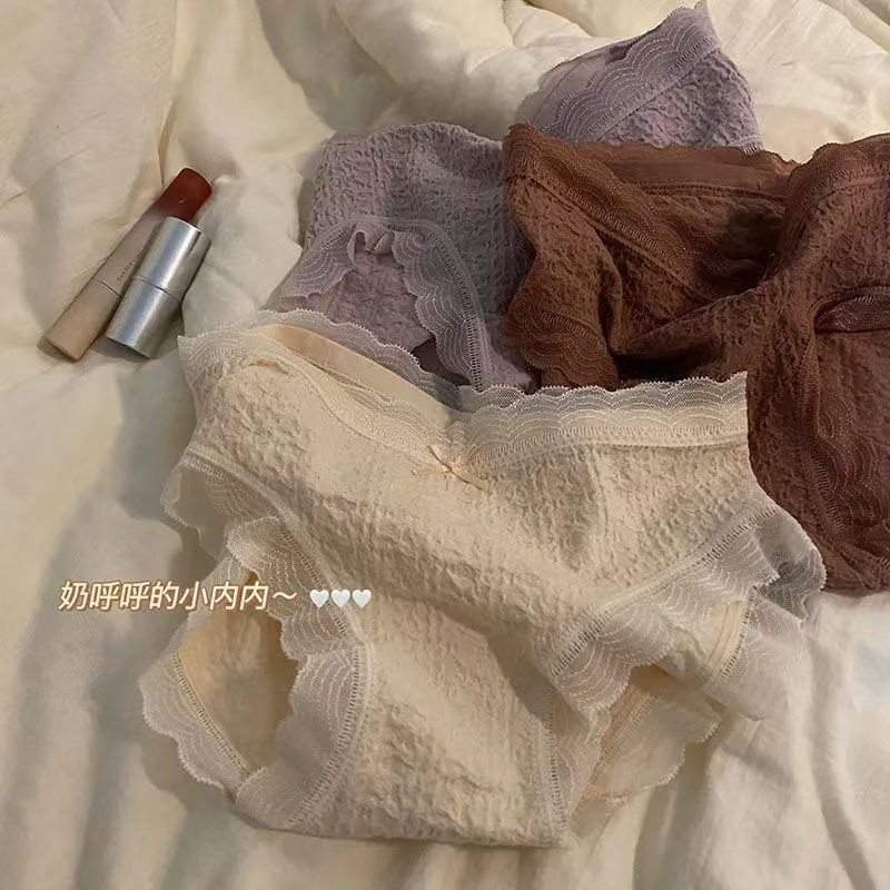 日系泡芙绵感软蕾丝边无缝内裤女生中腰亲肤透气纯棉裆少女三角裤