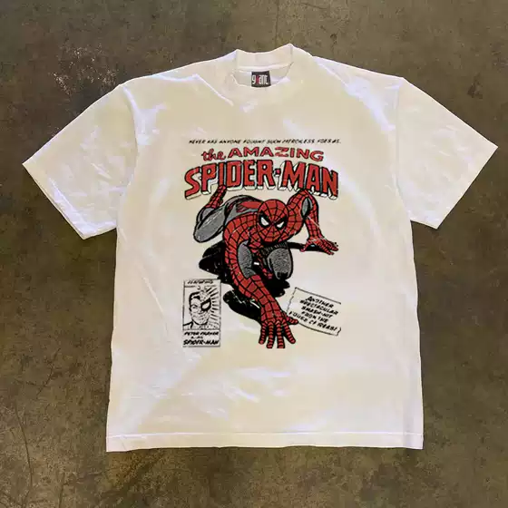 Buettiker American Style 260g Heavyweight Vintage Spider-Man Print Short-Sleeve T-Shirt Vintage Couple Top Summer