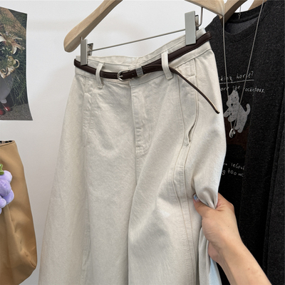 水洗灰白色宽松牛仔阔腿裤