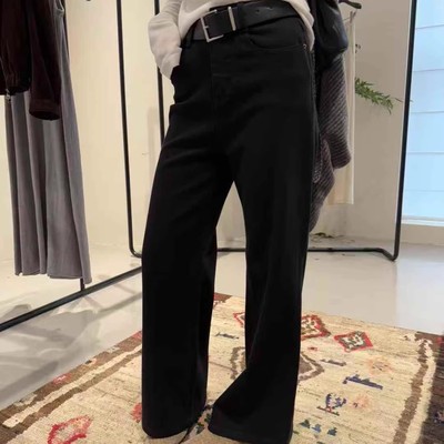 植绒保暖黑色牛仔直筒微喇裤