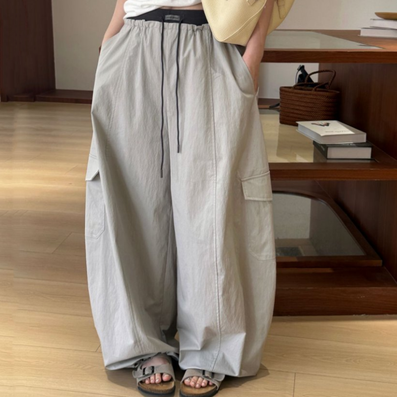 松弛感休闲阔腿裤工装裤 夏季薄款腰间贴标字母宽松直筒裤女长裤