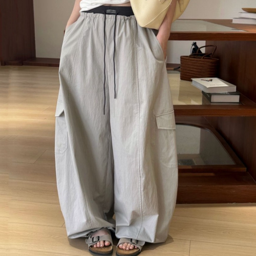 松弛感休闲阔腿裤工装裤 夏季薄款腰间贴标字母宽松直筒裤女长裤