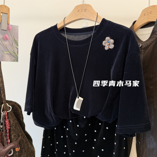 木马家 立体小花朵 2026早秋新款宽松丝绒短袖T恤 显瘦套头女上衣