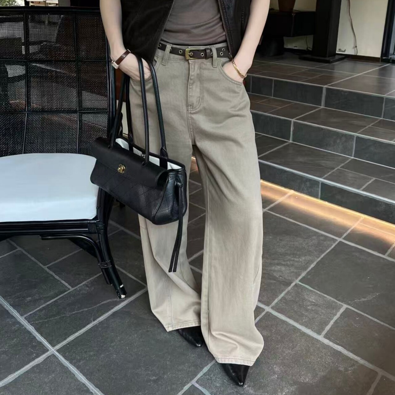 焊在腿上！极简韩系高腰显瘦宽松直筒牛仔裤遮胯百搭阔腿裤女长裤图片