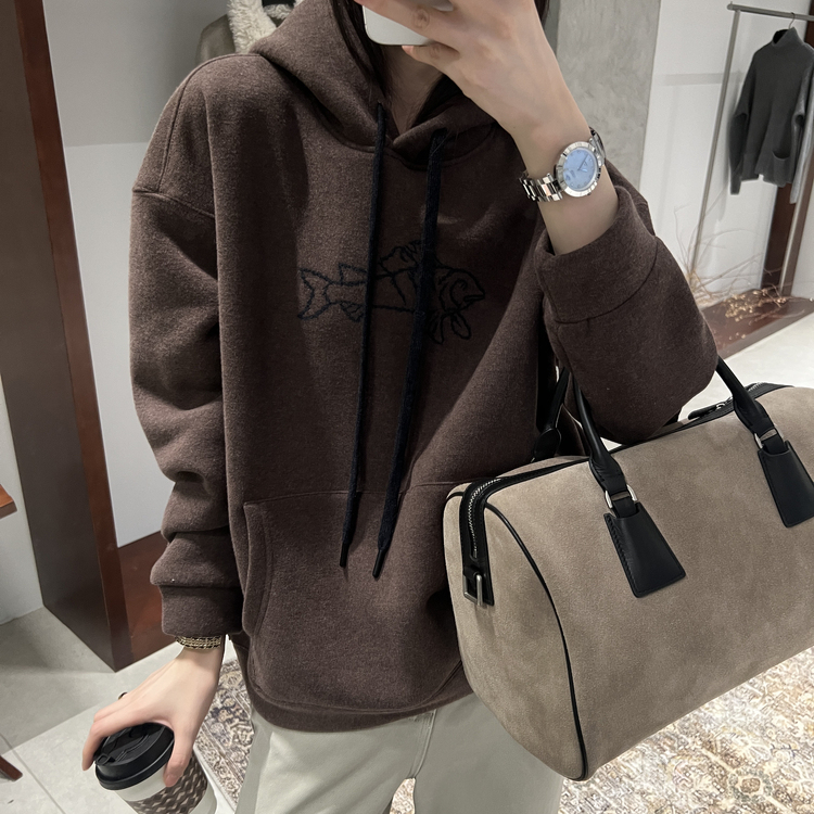 刺绣小鱼加绒连帽卡通卫衣