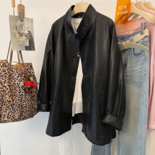 PU皮衣外套单排扣女西装 港风立领宽松中长款 2026早春新款 木马家