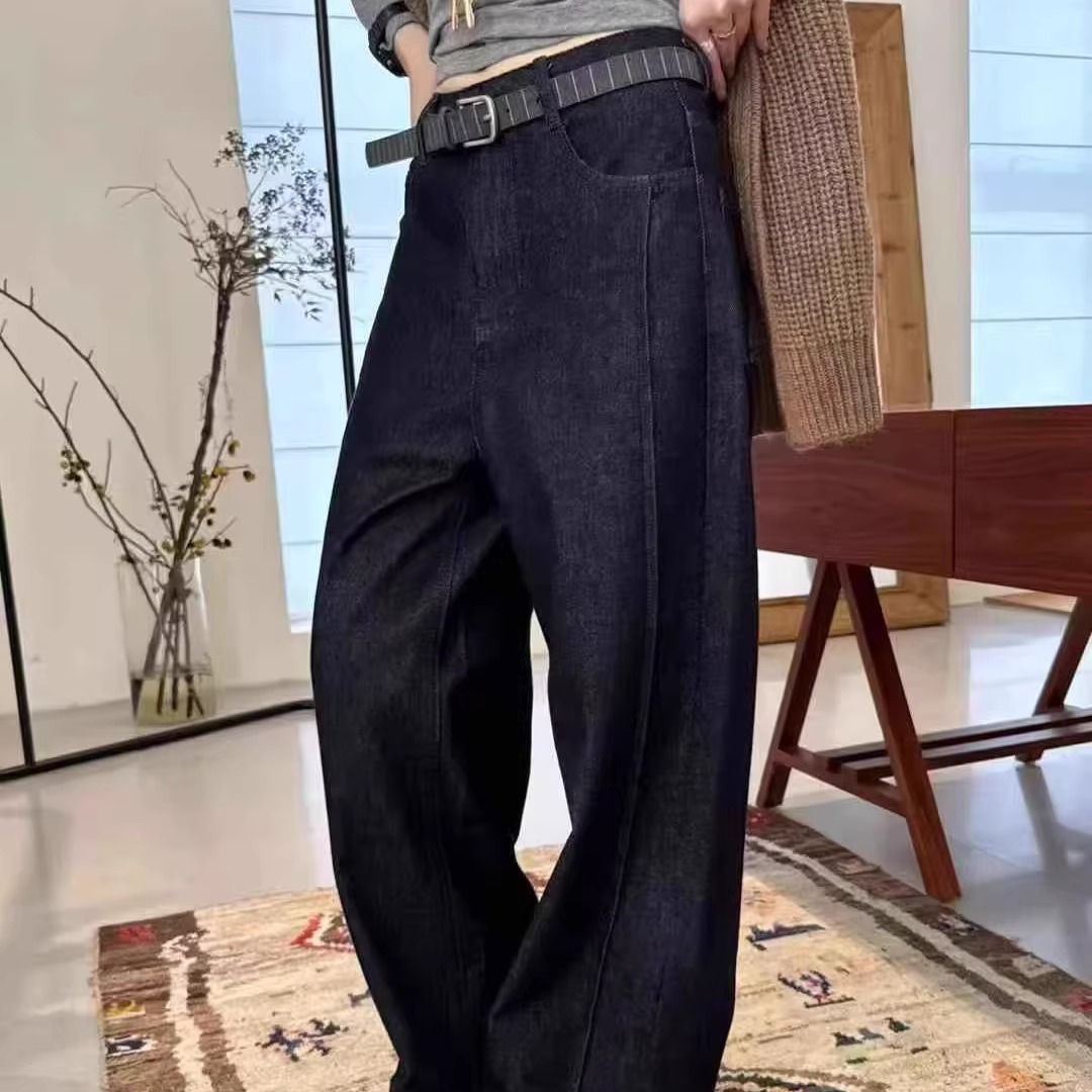 条纹腰带宽松牛仔阔腿长裤