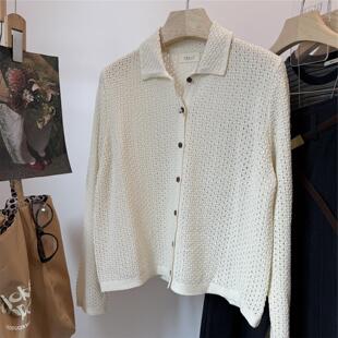 宽松翻领纯色毛衣开衫 秋新款 外套女上衣 绵羊毛针织衫 韩国镂空长袖