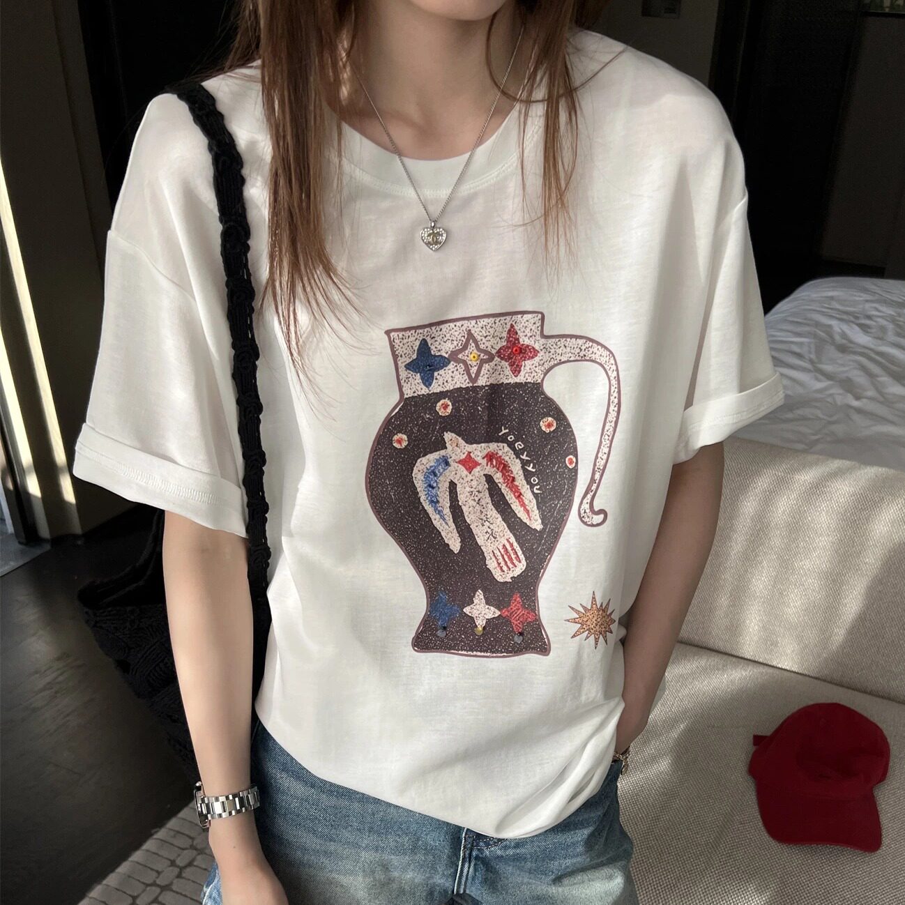 美式宽松大版tee 撞色亮片花瓶休闲显瘦短袖T恤 oversize女上衣夏