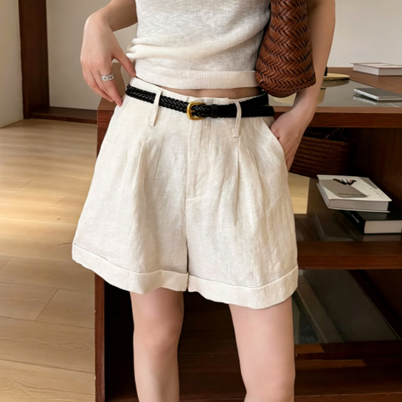 配腰带 夏季新款薄款透气棉麻休闲裤女短裤 宽松百搭卷边阔腿热裤