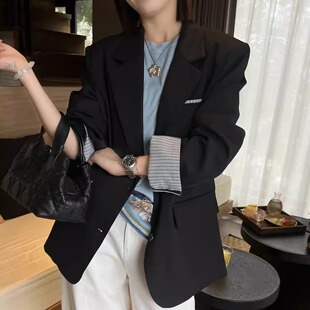 木马家 2026早春新款 翻边条纹袖口 韩式休闲西装外套黑色小西服