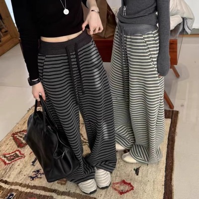 宽松好穿加绒条纹阔腿卫裤