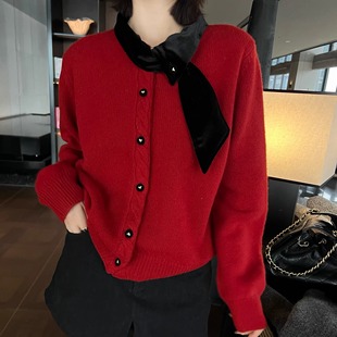 年会过年氛围感 丝绒围脖领羊毛针织开衫气质红色毛衣外套女上衣