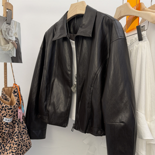 新款 木马家 2026年春季 皮衣外套 韩系休闲夹克女上衣 黑色翻领短款