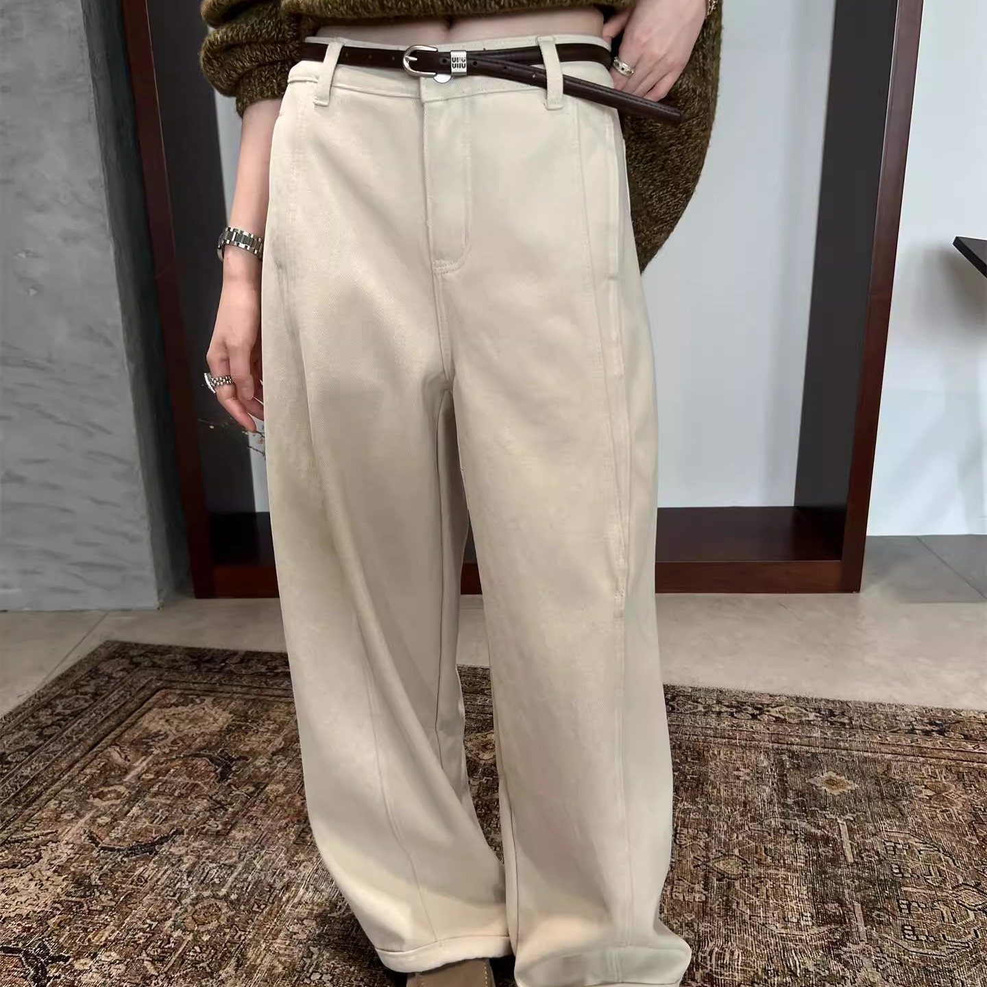 加厚加绒宽松牛仔阔腿长裤