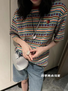 新款 出街不撞衫 T恤 彩色条纹花朵短袖 小众设计宽松上衣 洋气美式