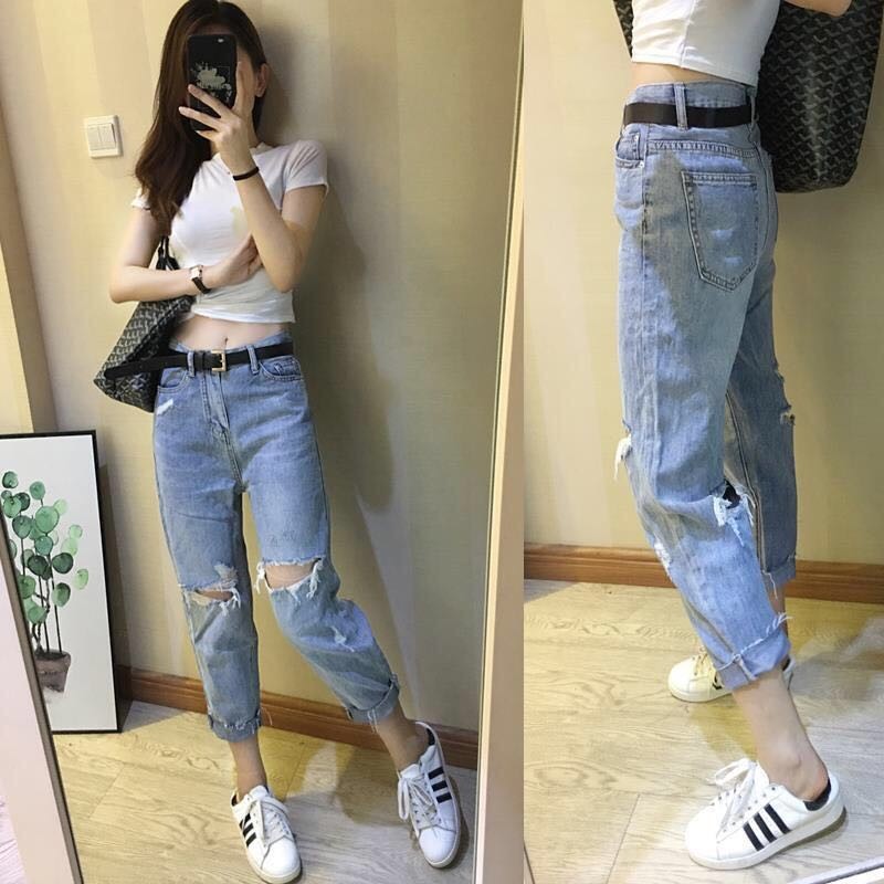 现货破洞浅蓝牛仔裤女九分裤薄大码高腰显瘦哈伦裤宽松小脚萝卜裤