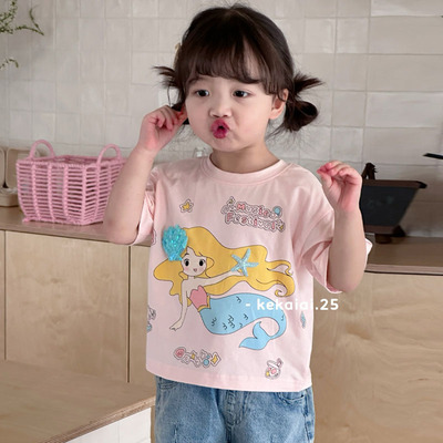 kekaiai女童短袖T恤纯棉夏季韩系女宝美人鱼卡通印花甜美可爱上衣