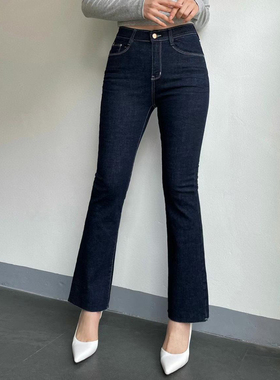 韩国HowLuk代购2025秋季女装深蓝原色弹力简约剪裁显瘦微喇牛仔裤