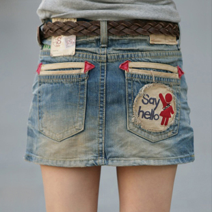 韩国代购 刺绣贴布做旧无内衬包臀显瘦美腿 春夏半身牛仔短裙子韩版