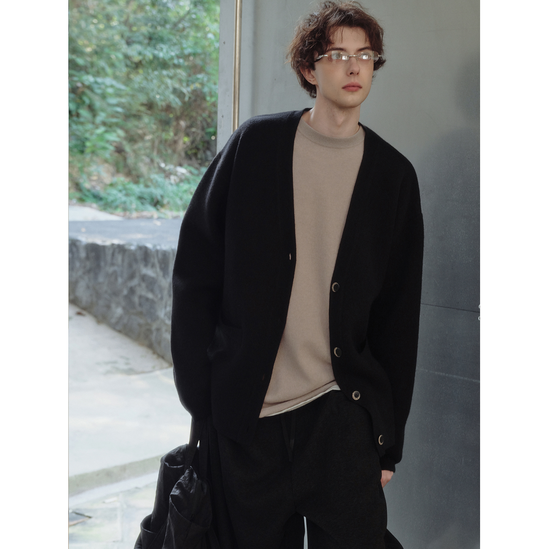 衣疫 小众日杂风黑色毛衣开衫外套 淡人穿搭慵懒风廓形大落肩针织