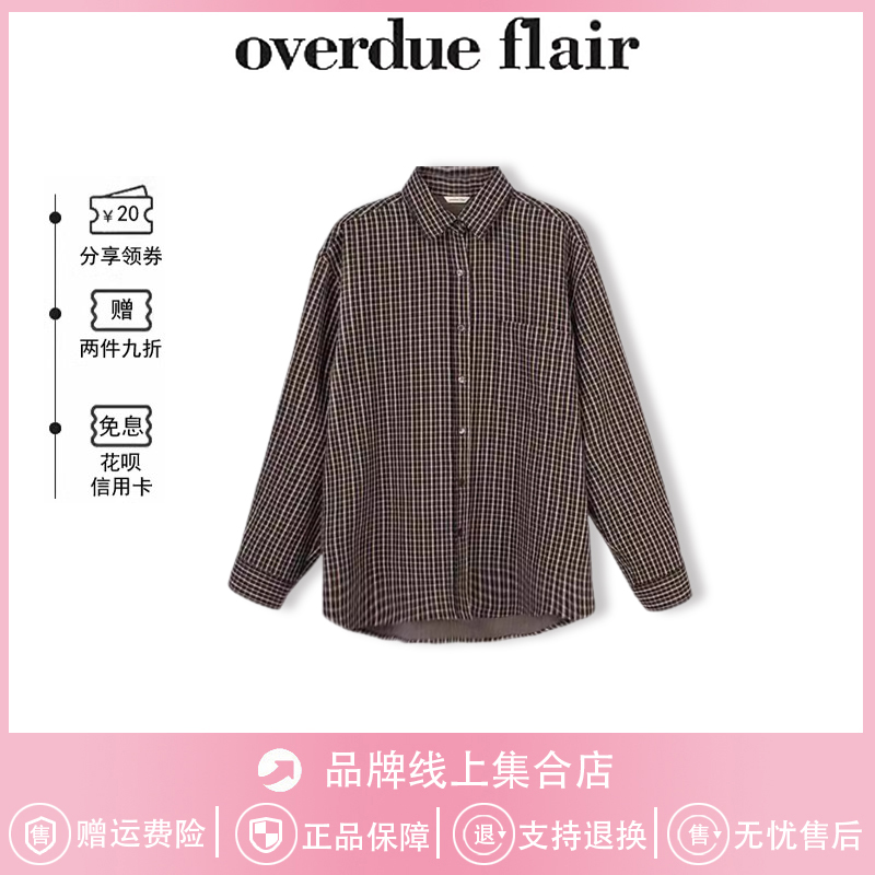 【现货】韩国overdueflair复古格子衬衫百搭男友风衬衣新款上衣女