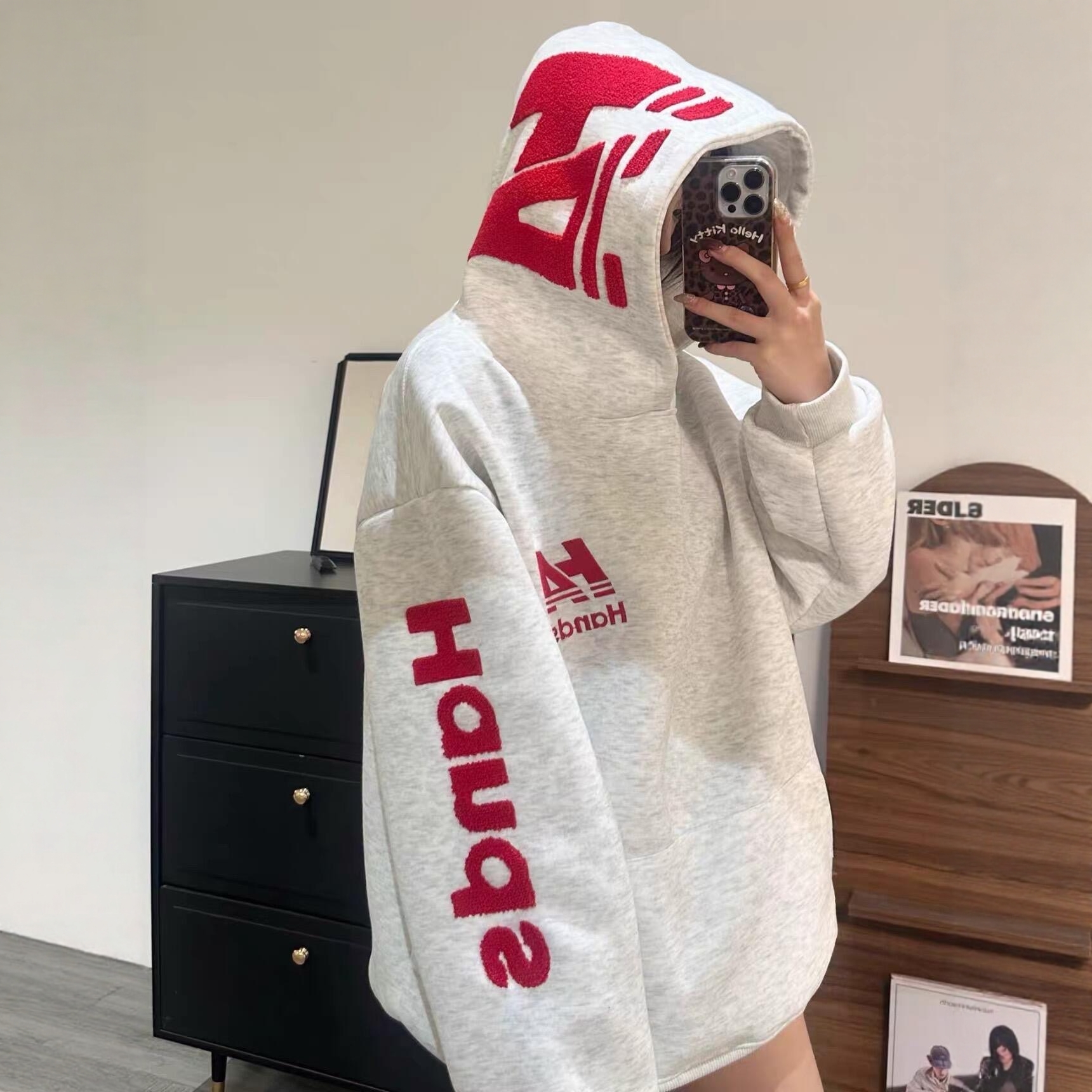 国潮字母刺绣加绒加厚连帽卫衣女