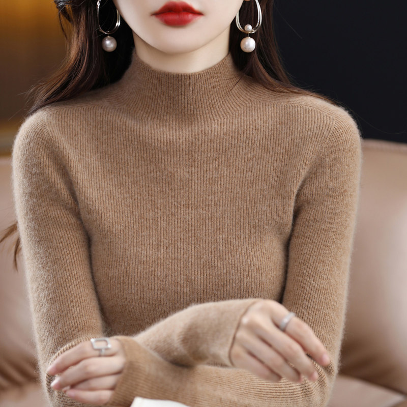 一线成衣半高领修身100%羊毛衫女秋冬抽条针织羊毛内搭毛衣打底衫