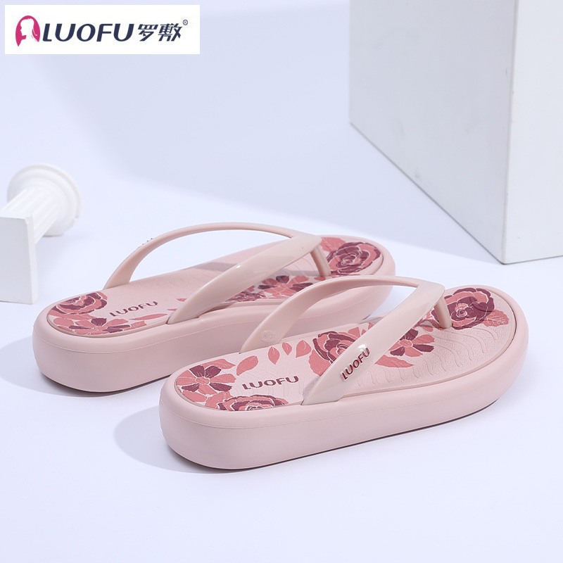 罗敷玫瑰花印花平跟人字拖鞋