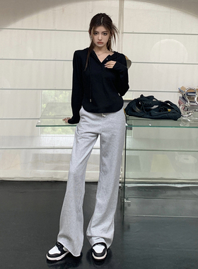 维忆Rae新款宽松舒适低腰微喇叭休闲裤灰色运动裤女美式卫裤