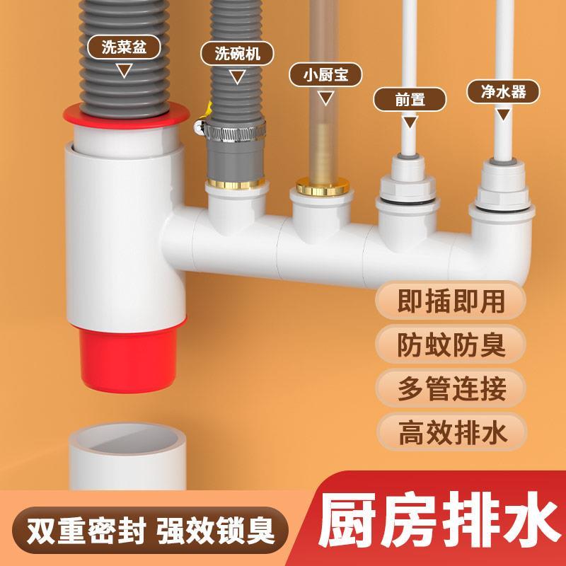 厨房水槽洗碗机净水器下水管道小厨宝洗衣机排水管二合一接头三通