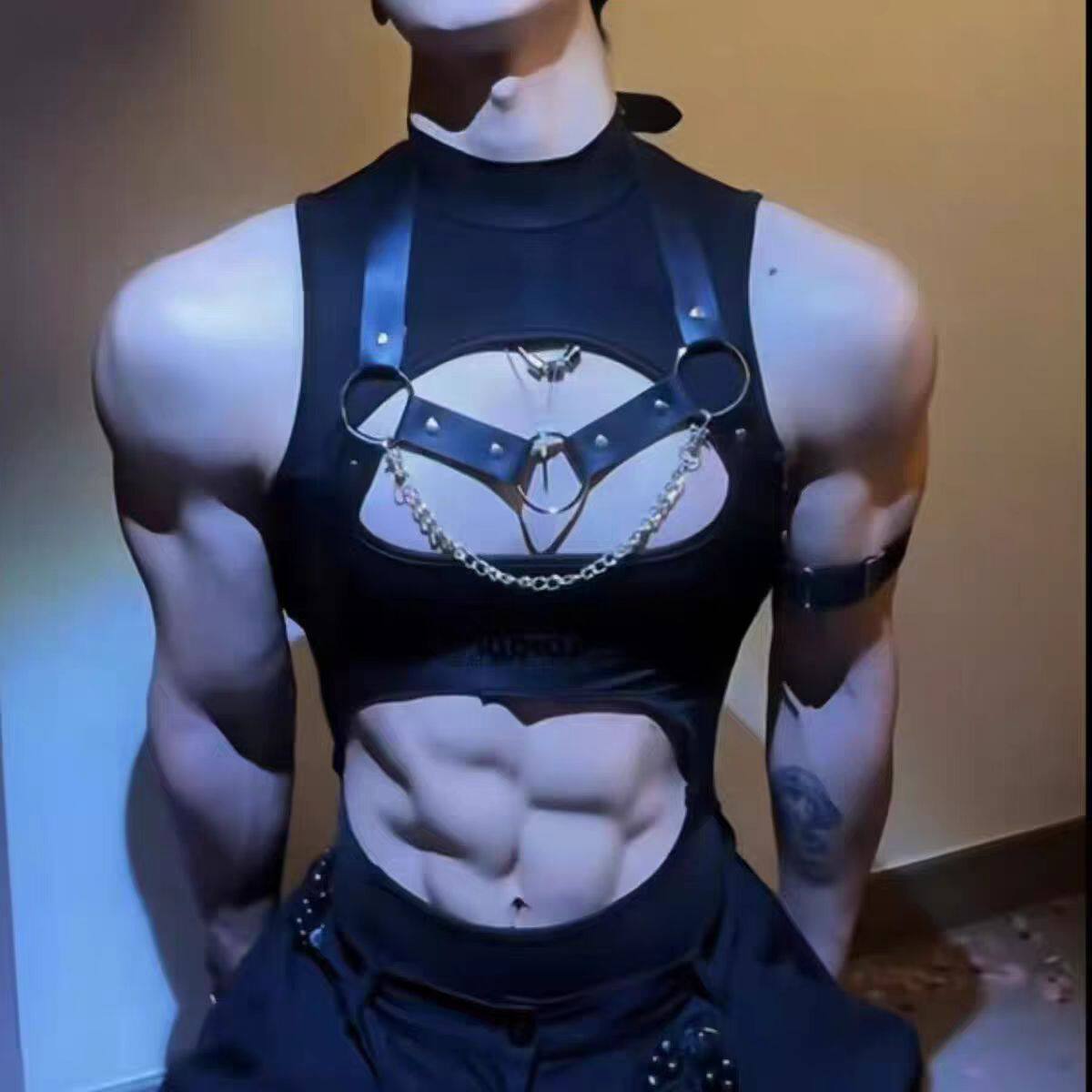 黑色坎肩背心男款夏季修身显肌肉无袖T恤夜店健身连体衣运动汗衫