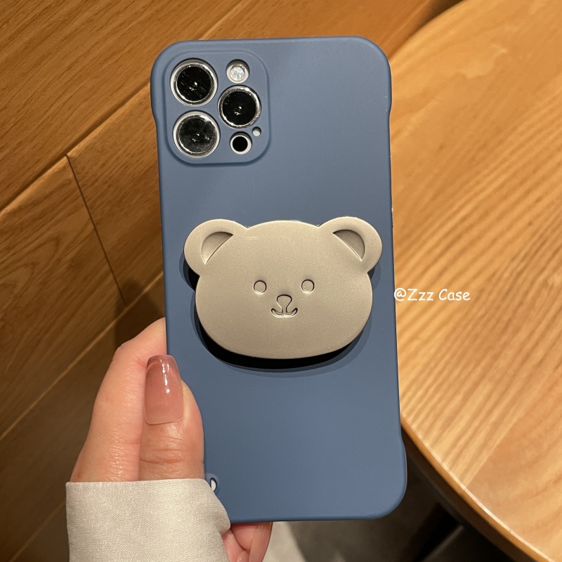 高级蓝金属小熊支架适用iPhone17promax手机壳苹果16/15pro保护套可爱12半包无边框13硬壳14情侣xsmax