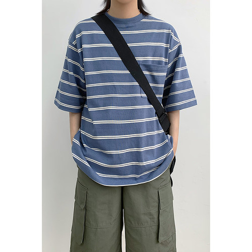 学院风复古重磅纯棉条纹蓝色宽松短袖T恤男女生oversize打底衫夏