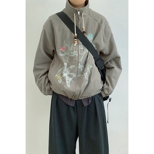 林弯弯春秋游牧风印花立领工装夹克男女宽松情侣巴恩风猎户外套潮