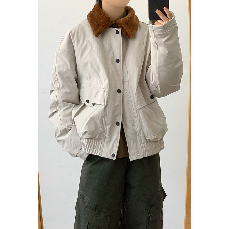 林弯弯巴恩风羊羔毛领bomber夹克工装棉服做旧水洗加厚棉衣外套冬